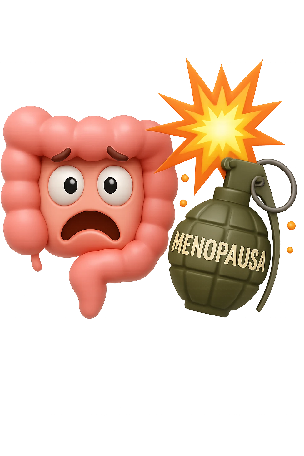 EMOJI STILE IPHONE 3D DI INTESTINO 3D CON ESPRESSIONE SPAVENTATA IN VOLTO MENTRE ACCANTO A LUI SCOPPIA UNA GRANATA 3D CON LA SCRITTA "MENOPAUSA" SOPRA, FAGLI ANCHE LA PARTE BIANCA DEGLI OCCHI, NON SOLO LA PUPILLA emoji