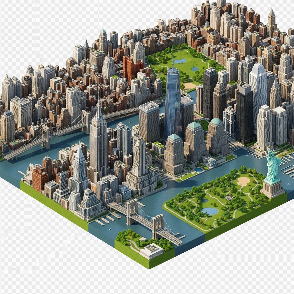 Isometric miniature of New York Сity Empire State Building, One World Trade Center, Statue of Liberty, Brooklyn Bridge, and Central Park chaotic low-rise blocks in outer boroughs 3D miniature effect and Tilt Shift effect, no cartoonish look, transparent background. emoji