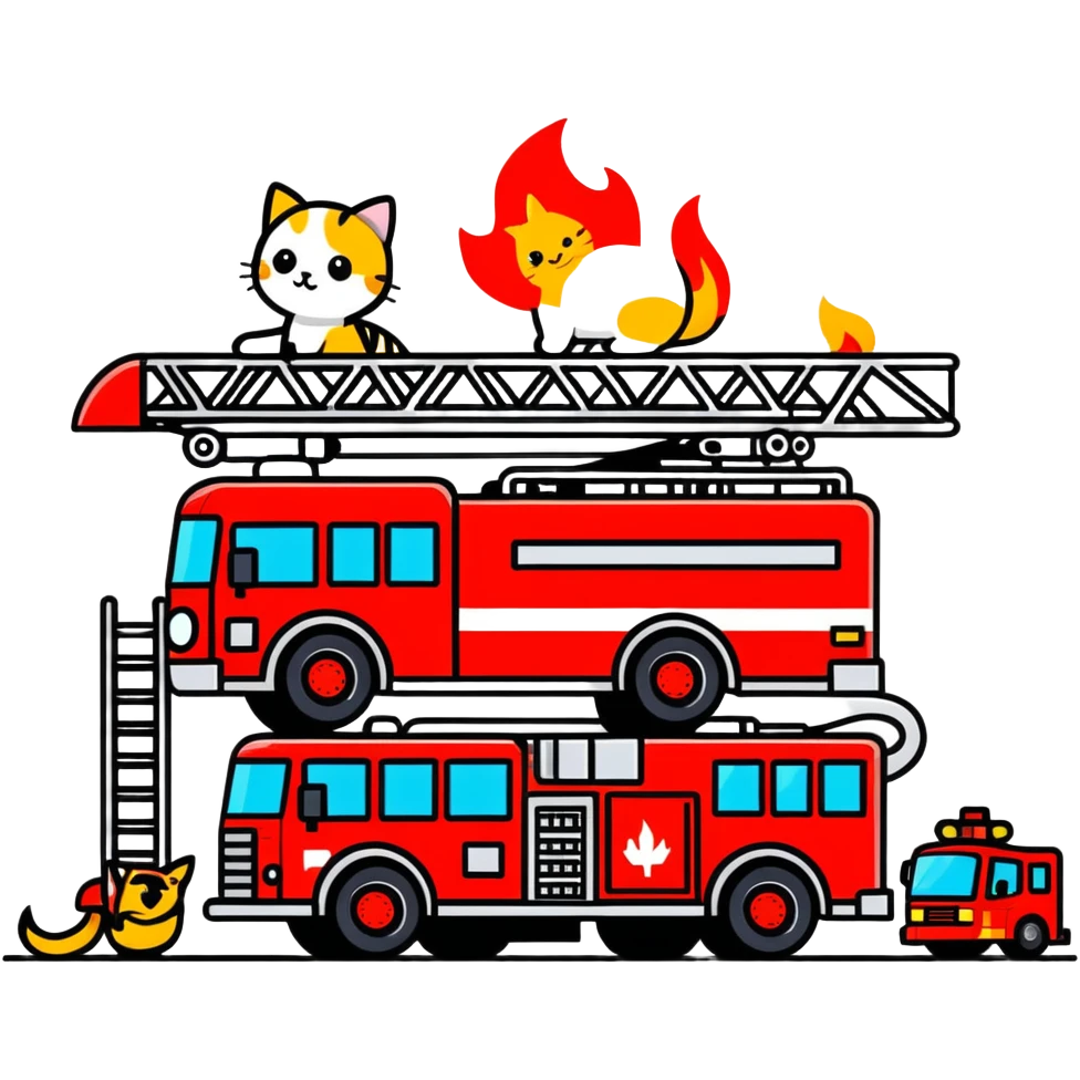 Fire truck with aerial ladder four firemen rescuing a cat emoji