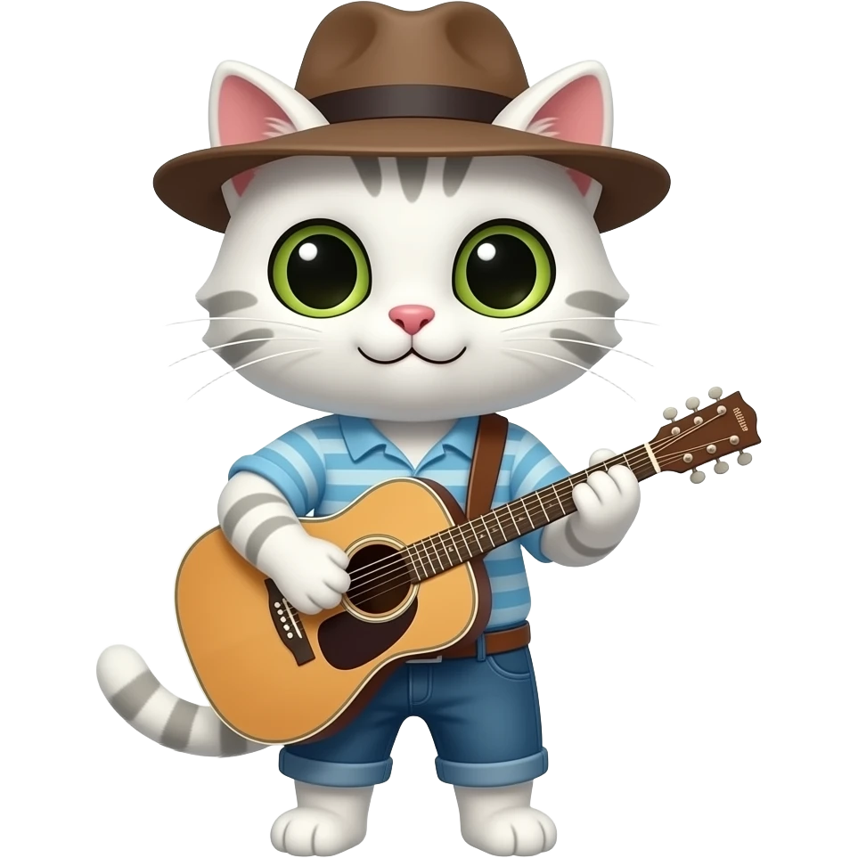 white cat wear a hat and and playing guitar emoji