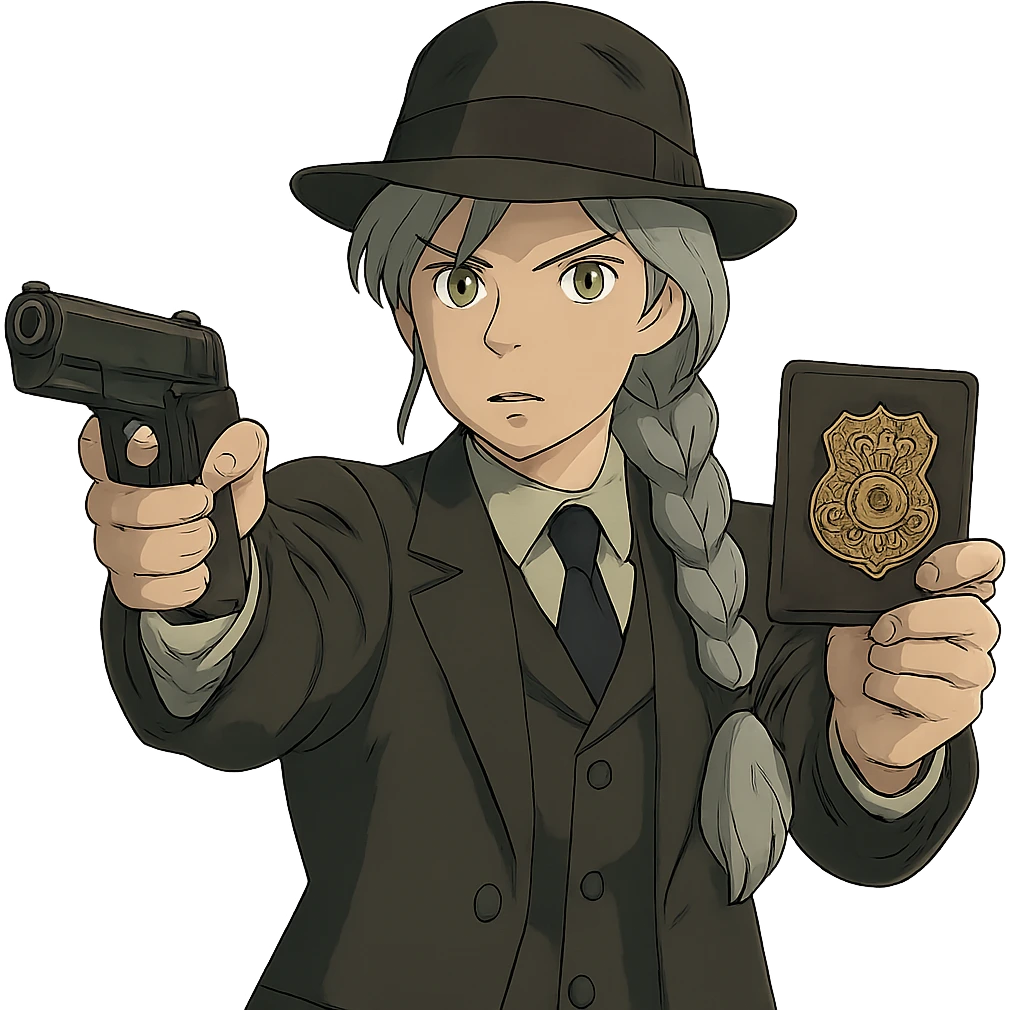 1 female, 1920's mens suit, long white hair braid, gold yellow eyes, muted dark colors, brandishing a colt 1911 and a detective badge emoji