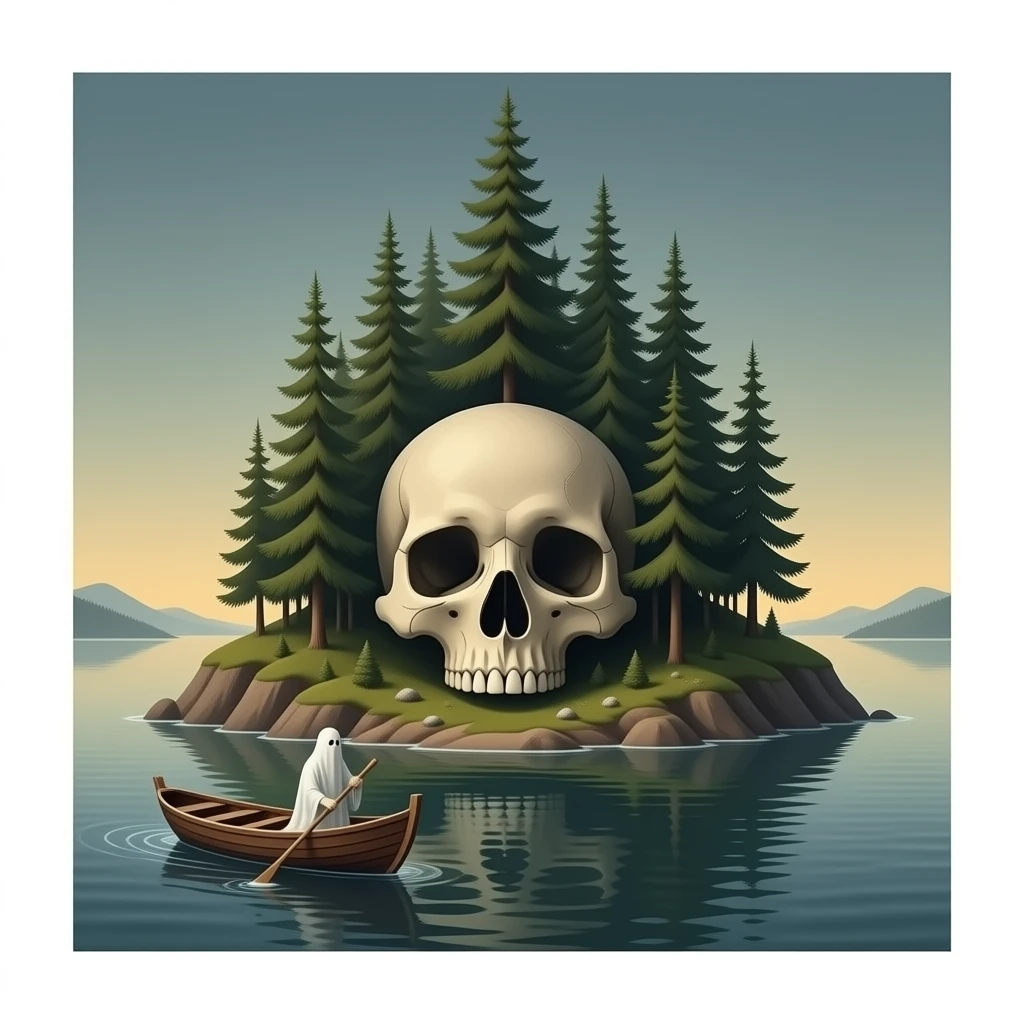 realistic -Arnold Böcklin's Island of the Dead, a small island in the shape of a skull with tall pine trees in the middle, in front of the island a broken boat with a ghost rowing emoji