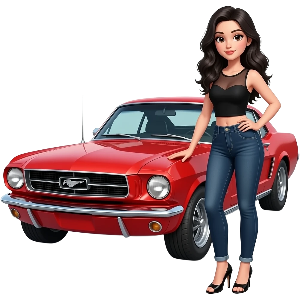 Pale girl with black wavy hair standing on the front left of a red Ford Mustang 1968 coupe. Girl wearing a sheer black sleeveless top with a medium neckline, jeans and heels with visible toes. Right hand on the hood and left hand on her waist. emoji