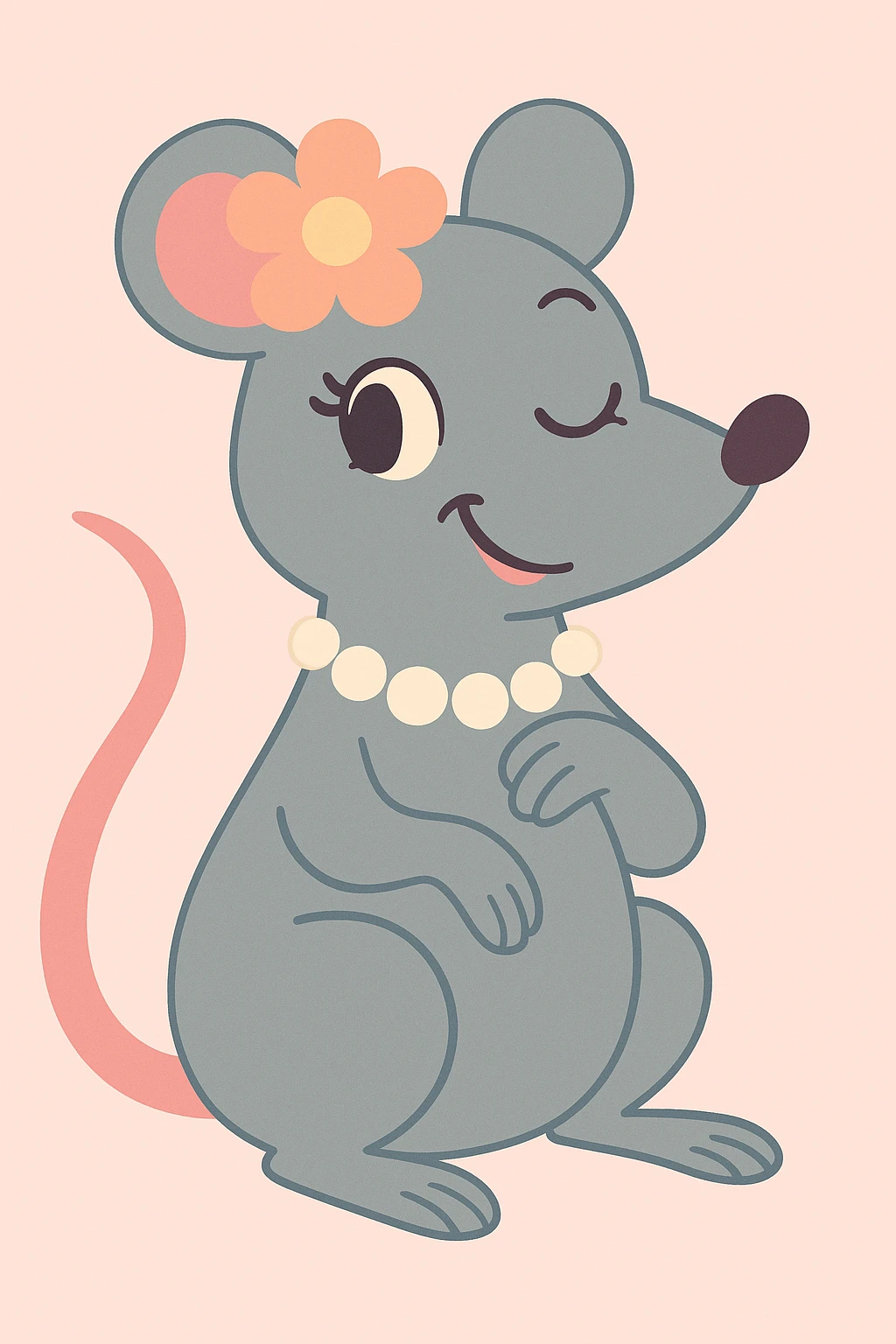 a coquette rat, winking, with a pearl necklace and a flower, pastel cartoon style emoji
