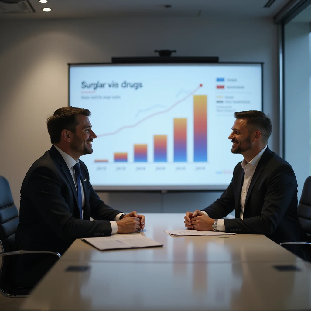 symbolic scene in a modern office of a pharmaceutical company: elegant executives smiling in front of charts showing the increase in sales of sugar and drugs, atmosphere of strategy and profit, realistic details, 4K quality emoji