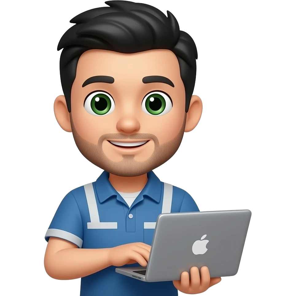 Chico estilo emoticono de WhatsApp, cara con medio cuerpo. Chico trabaja informatico con portatil con pelo un tupe corto negro, piel clara y ojos verde oscuro, con barba fina y un portatil. emoji