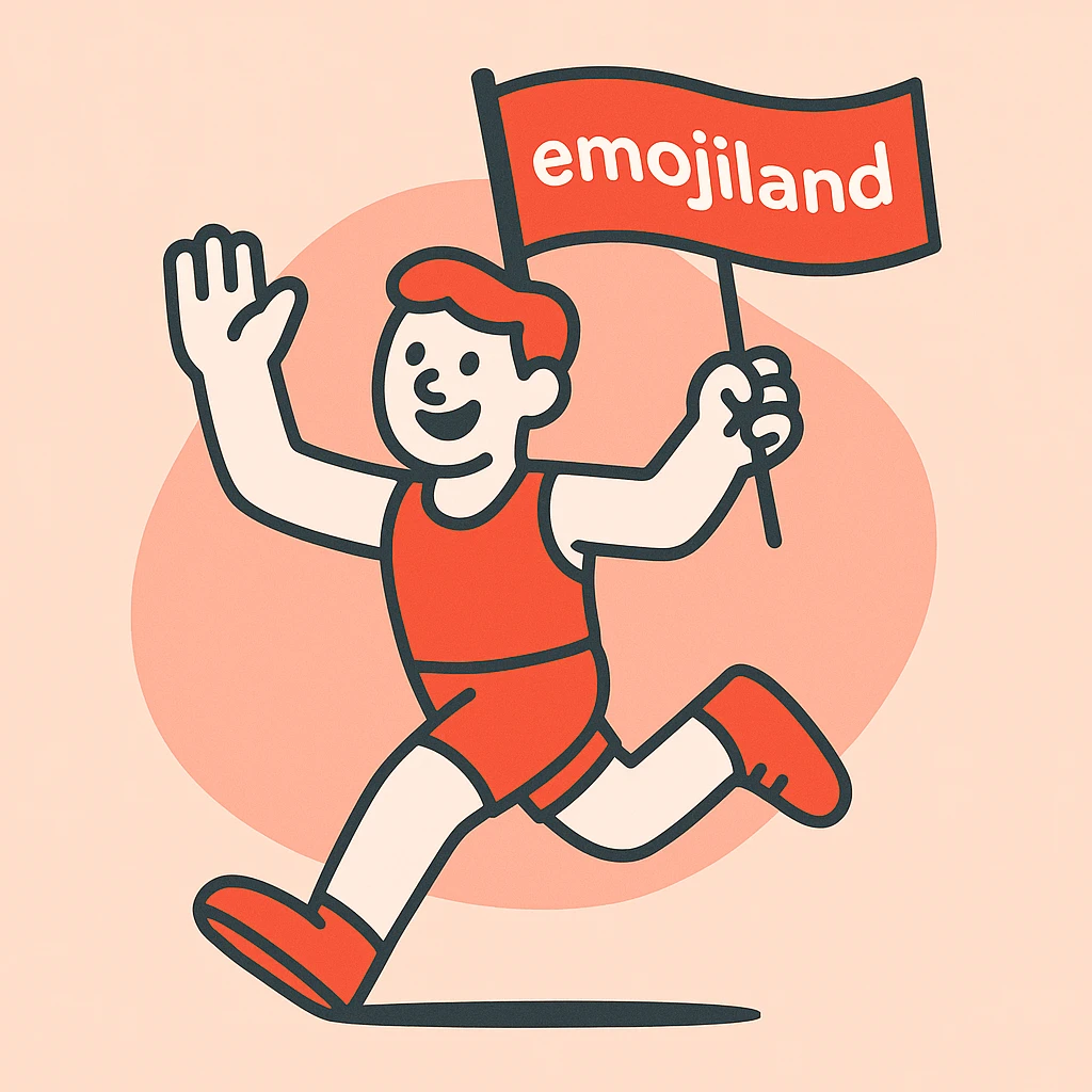 happy runner waving a flag that says 'emojiland' emoji