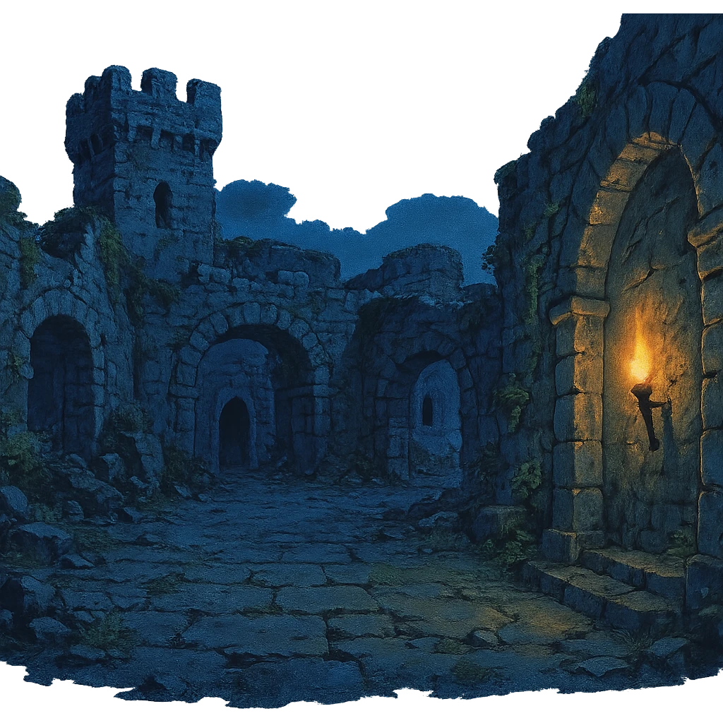 Midnight castle ruins torchlit courtyard emoji