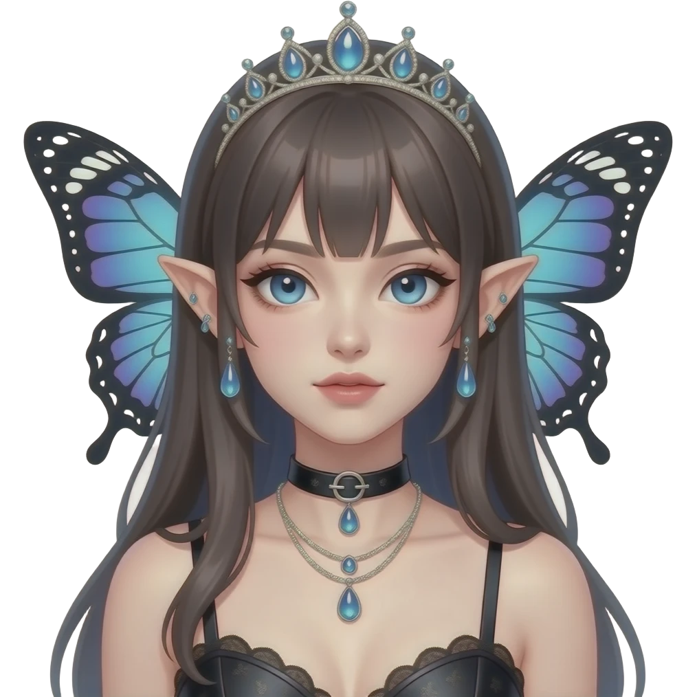 Cottagecore shiny gorgeous cool edgy badass realistic sweet beautiful romantic aesthetic vogue tomboy boyish super model anime lady with elvish butterfly-ears, dress, necklace, tiara, ear cuffs emoji