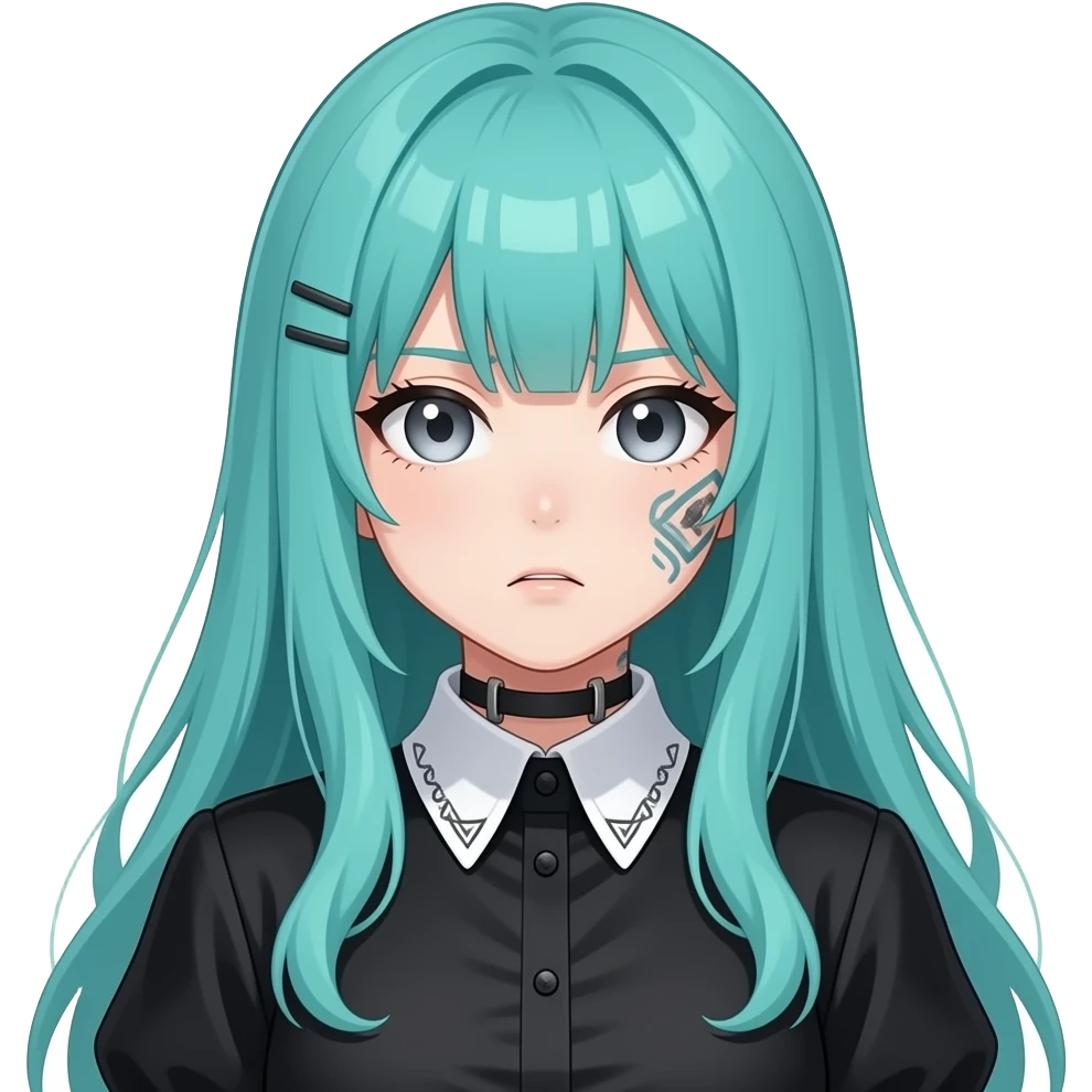 anime girl, afraid face, face tattoos, long flowing teal hair, grey eyes, black shoulder cyberpunk blouse with fancy white collar emoji