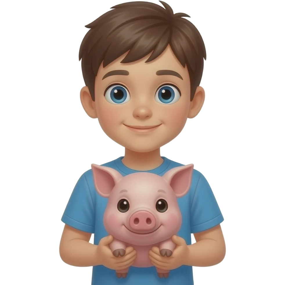 a young boy hoalding pig emoji