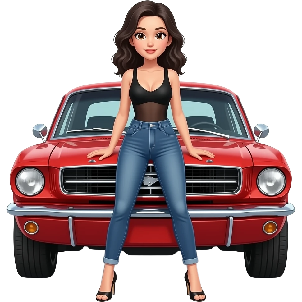 Pale girl with black wavy hair and brown eyes in front of a red ford mustang 1968 coupe. Girl wearing a sheer black sleeveless top, low rounded neckline, jeans and heels with visible toes. Legs spread and hands resting on the hood. emoji