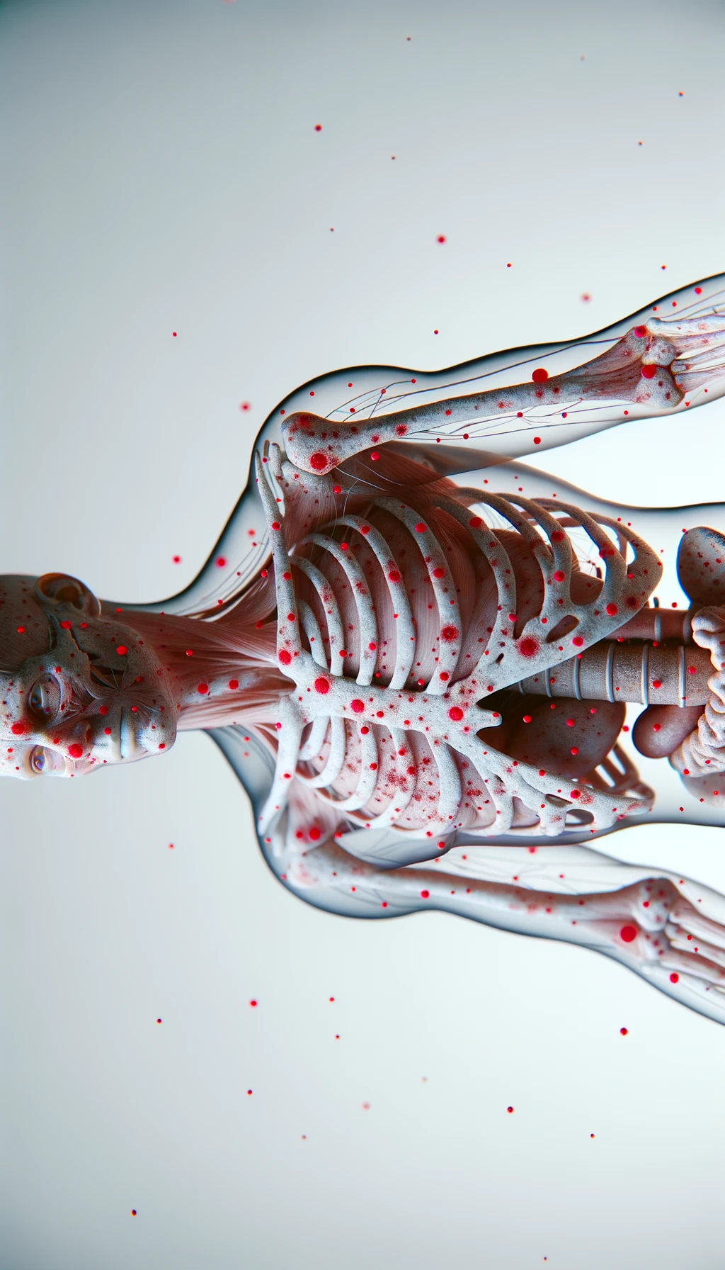 CORPO UMANO ANATOMICO CON RED SPOT DI INFIAMMAZIONE SPARSI SUL CORPO, SFONDO CHIARO, iperrealistico 4k emoji