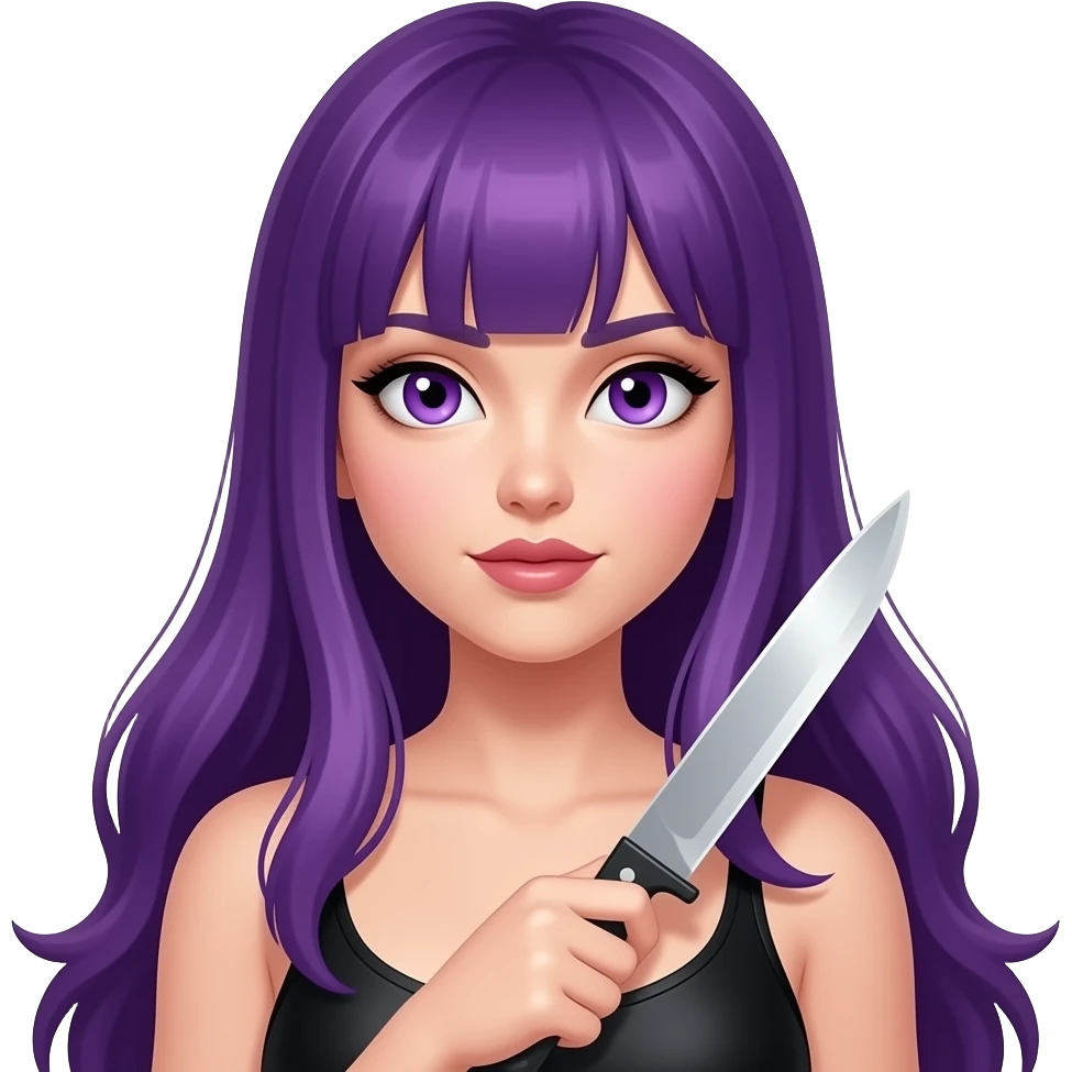 sexy girl with long purple hair and purple eyes holds a knife emoji