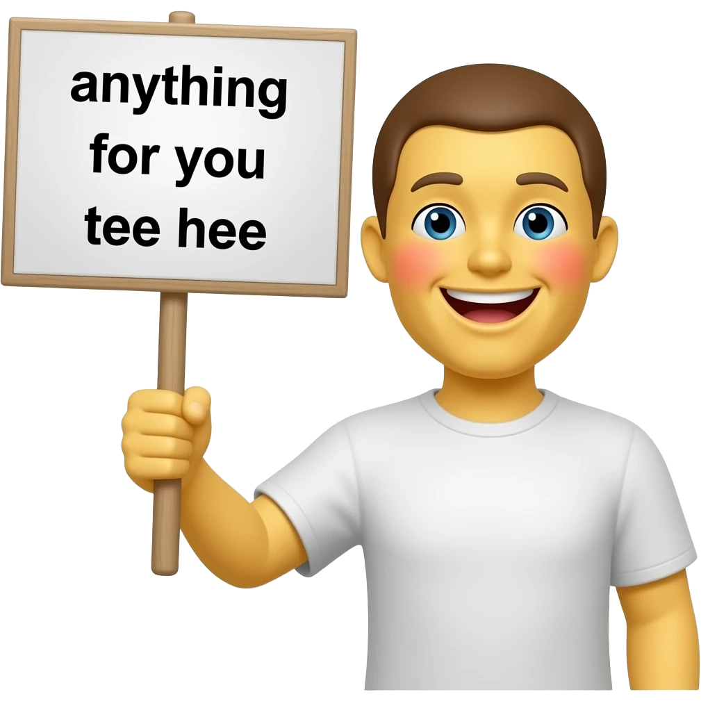 Yellow smiley blushing holding up a sign sign that says "anything for you tee hee" emoji