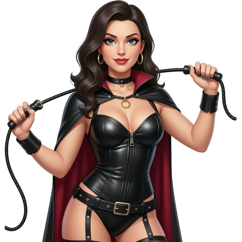 Sexy male dominatrix dressed in leather and holding a leather whip emoji