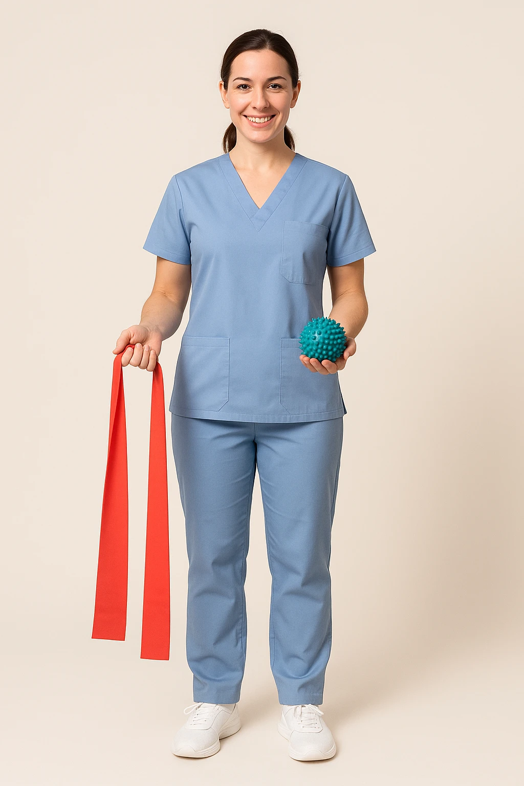 full body physiotherapist in healthcare clothing, with physiotherapy tools, simple background emoji