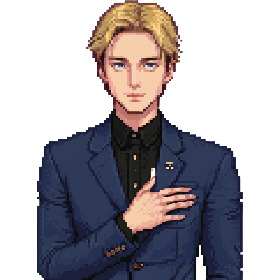 Flat pixel art, focused and reserved male thinker, fair skin, short sleek sandy hair, intense sharp eyes, wearing a deep indigo suit jacket over a black shirt, left hand thoughtfully touching chin, waist-up, front-facing emoji