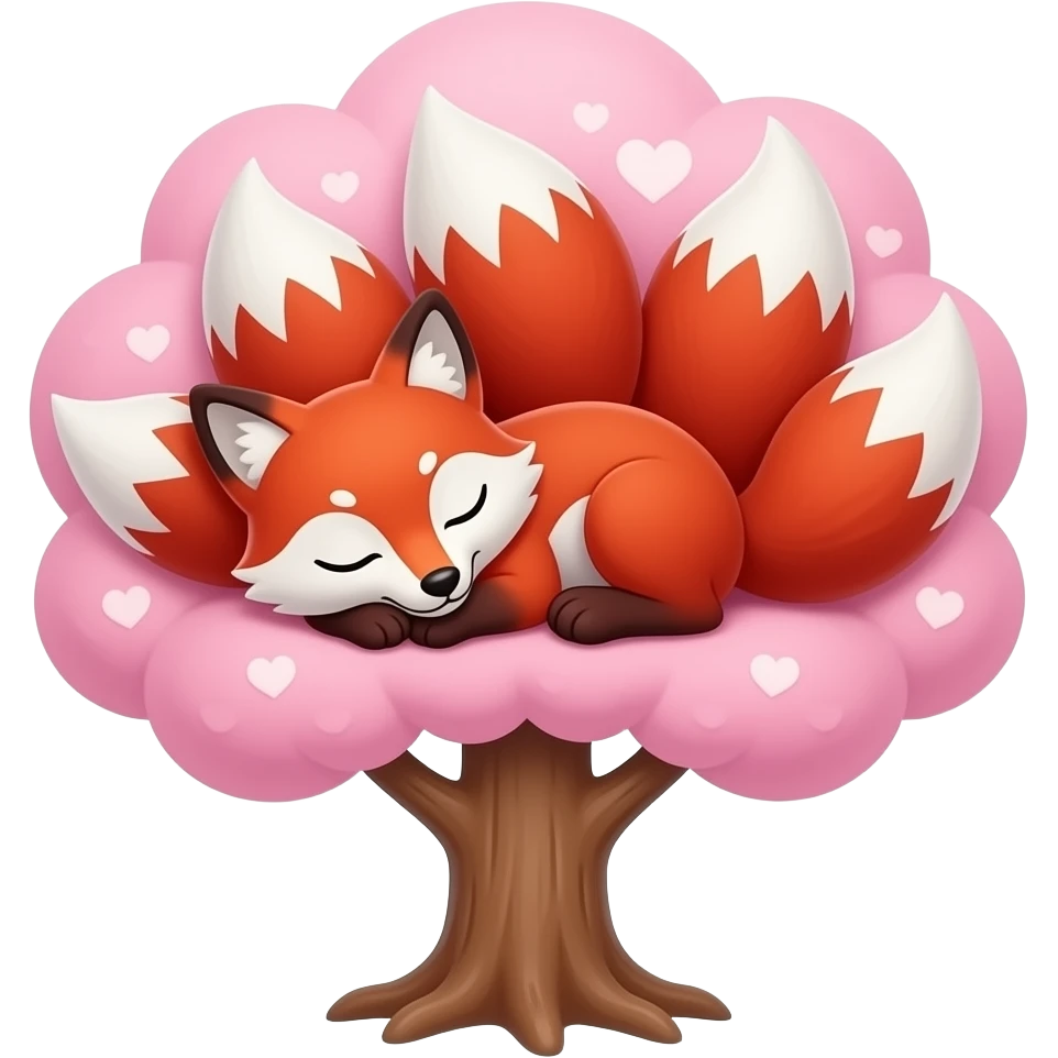 red and white nine tailed fox sleeping inside a pink tree emoji