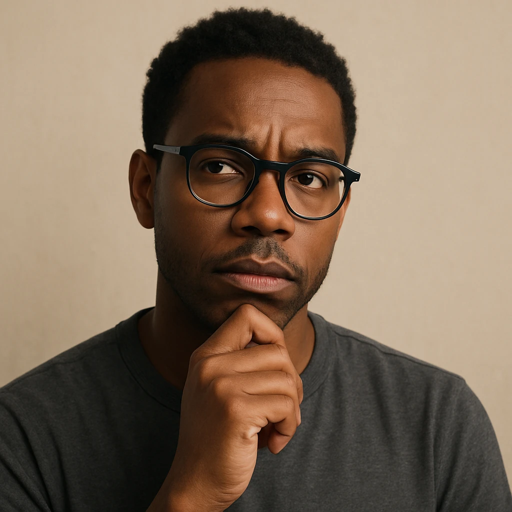 Black person with glasses, thoughtful expression, simple background emoji