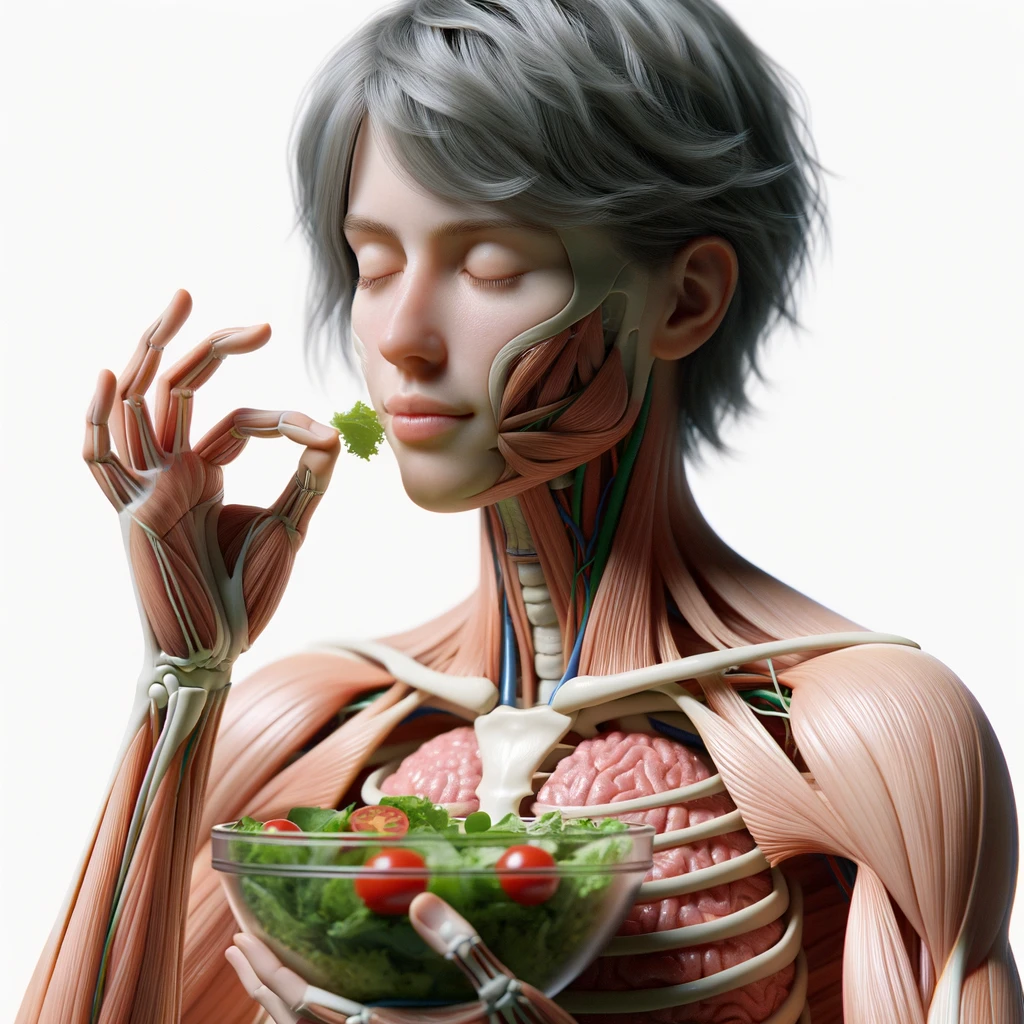 corpo umano anatomico con capelli corti che mangia un insalata con espressione serena in volto, organi sani in evidenza, iperrealistica 4k, isolato su sfondo bianco emoji