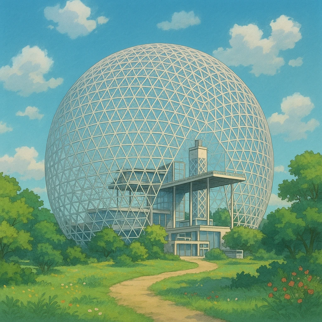 Montreal’s Biosphere dome, ghibli style emoji