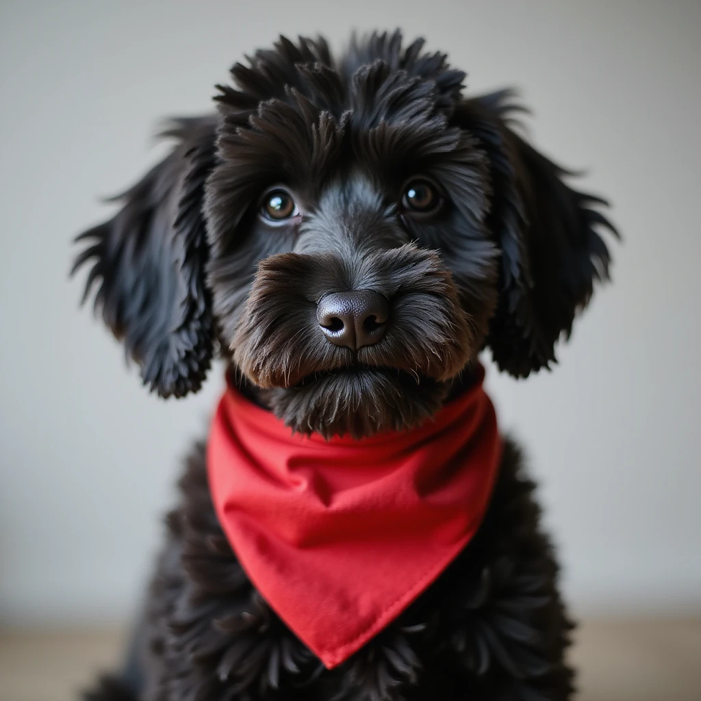 photorealistic black doodle dog wearing a red bandana, accurate details, neutral background emoji