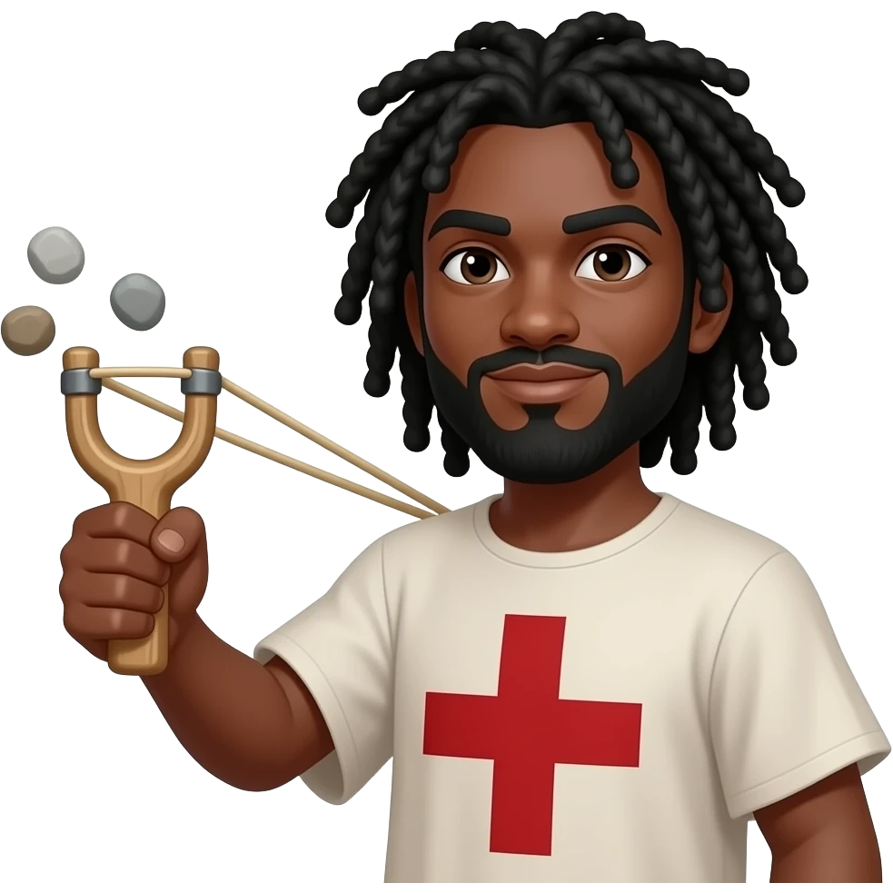 African American man with shoulder length black dreadlocks  and black beard wearing a tunic with a red cross on it swinging a slingshot with 3 stones in it emoji
