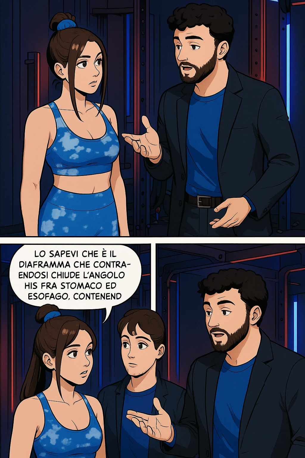 TRASFORMA QUESTO CAROSELLO IN UN FUMETTO STILE WEBTOON/MANGA A COLORI CON QUESTE DUE PERSONE IDENTICHE CHE INTERLOQUISCONO TRA LORO, L'uomo sta spiegando alla donna questo concetto:

LUI (UOMO): Hai controllato diaframma e baricentro corporeo?
LUI (UOMO): Lo sapevi che è il diaframma che contraendosi chiude l’angolo his fra stomaco ed esofago, contenendo la risalita degli acidi grassi?
LUI (UOMO): …e lo sapevi che se il peso del tuo corpo cade in avanti o da un lato, c’è un disallineamento fra bacino e torace, che comprimendo le coste, limita la motilità del diaframma e quindi il contenimento del reflusso? emoji