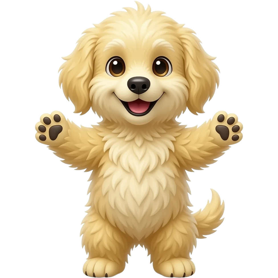 A completely light yellow dog, standing up with legs and arms open like a little person, looking at us with a very happy expression. Its body is completely yellow. emoji