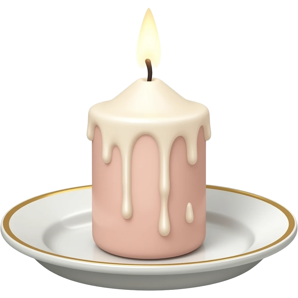 Thin tall neat petite cute slim dainty narrow Pastel Reddish-pinkish and gold and white vintage candle on a tiny narrow plate emoji