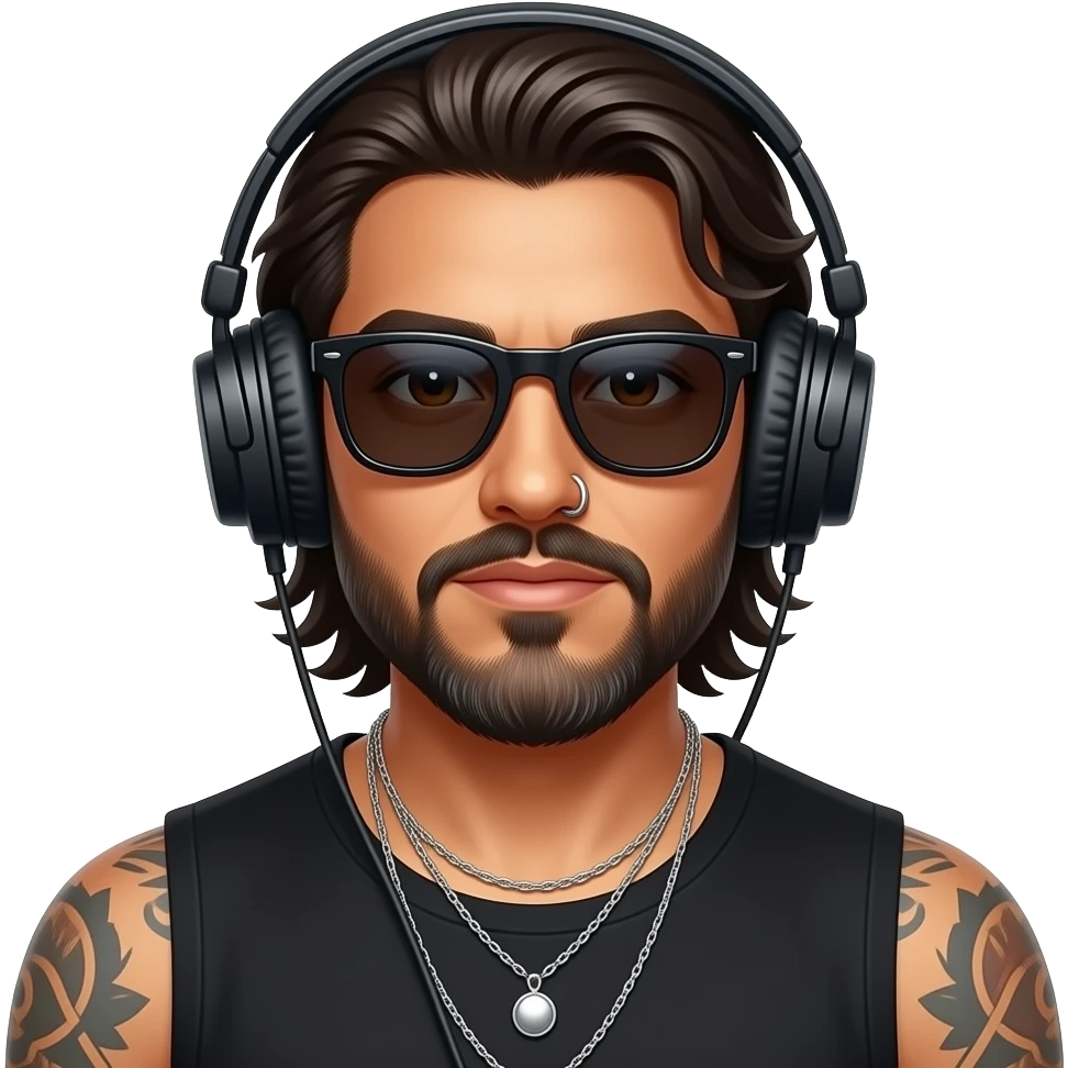 The handsome manly Latino podcast host with medium length hair, a long slightly graying beard and tattoos with his ears pierced 1 time each ear and a nose ring on the right side, dark brown eyes, wearing black, dark sunglasses, and jewelry, listening to music emoji