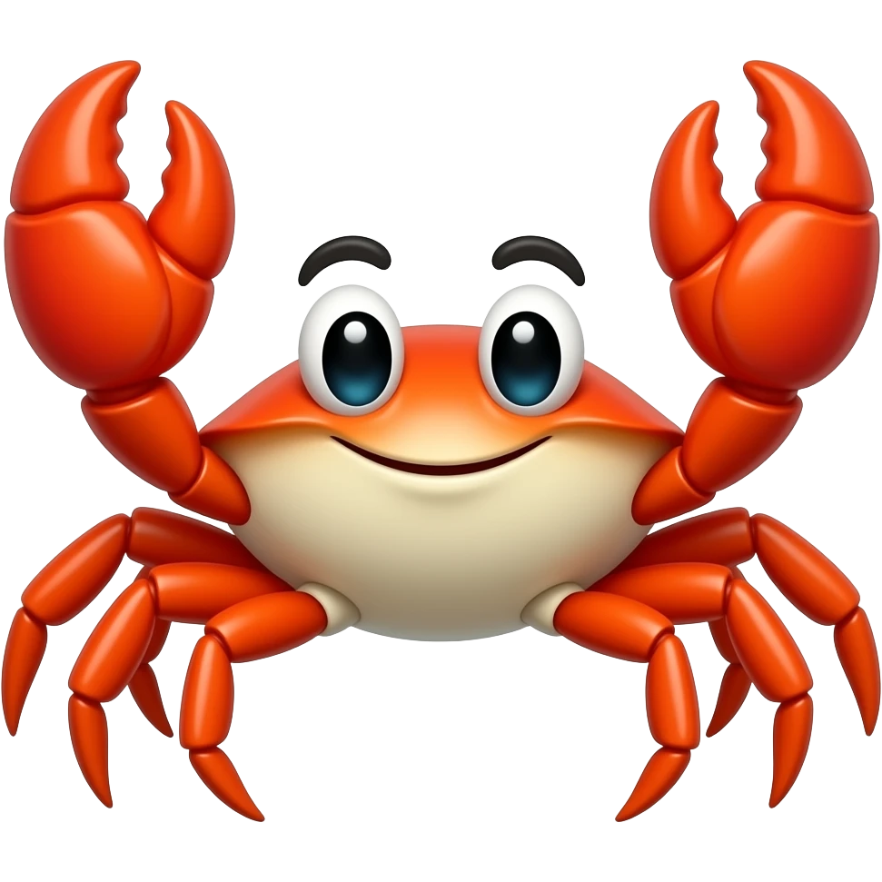 A crab emoji, front-facing toward the viewer, with both claws raised symmetrically. walking sideways, Bright red-orange shell, large expressive eyes on stalks, clean rounded shapes, flat vector style, bold outlines, centered composition, transparent background. emoji