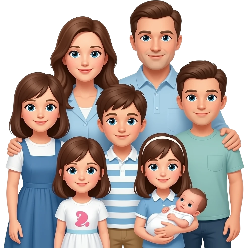 family of 8 white people and all with brown hair with 2 parents mom and dad with 6 kids 12 year old girl 10 year old boy 10 year old boy 8 year old girl small 2 year old girl and newborn girl emoji