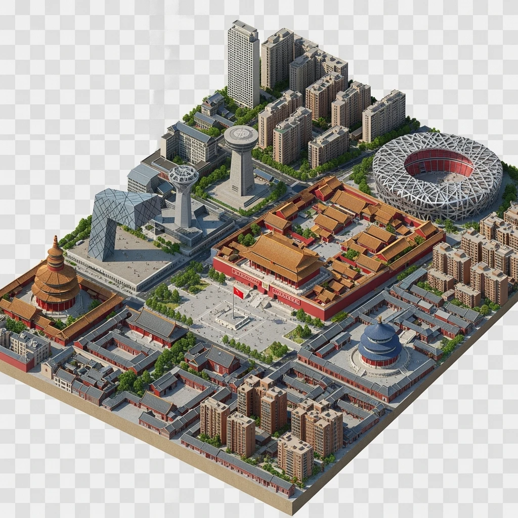 Isometric miniature of Beijing Forbidden City, Tiananmen Square, CCTV Headquarters, Temple of Heaven, Bird’s Nest Stadium and crowded hutong alleys, apartment blocks, 3D miniature effect and Tilt Shift effect, no cartoonish look, transparent background, don't cut angles emoji