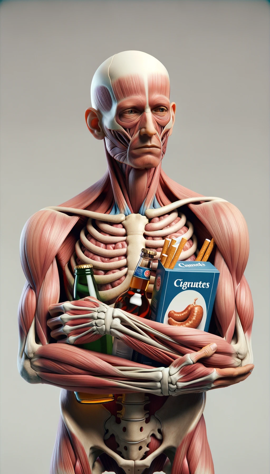 CORPO UMANO ANATOMICO CHE TRA LE BRACCIA SIGARETTE, ALCOL E WURSTEL CONFEZIONATI, LI GUARDA CON ESPRESSIONE INDECISA IN VOLTO, NEUTRAL CLEAR BACKGROUND, iperrealistico 4k emoji