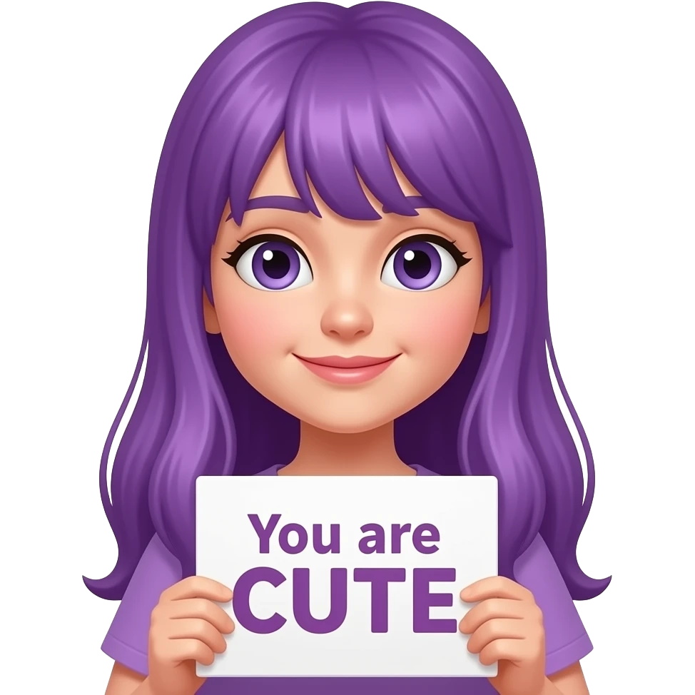 girl with long purple hair holding a You are CUTE sign emoji
