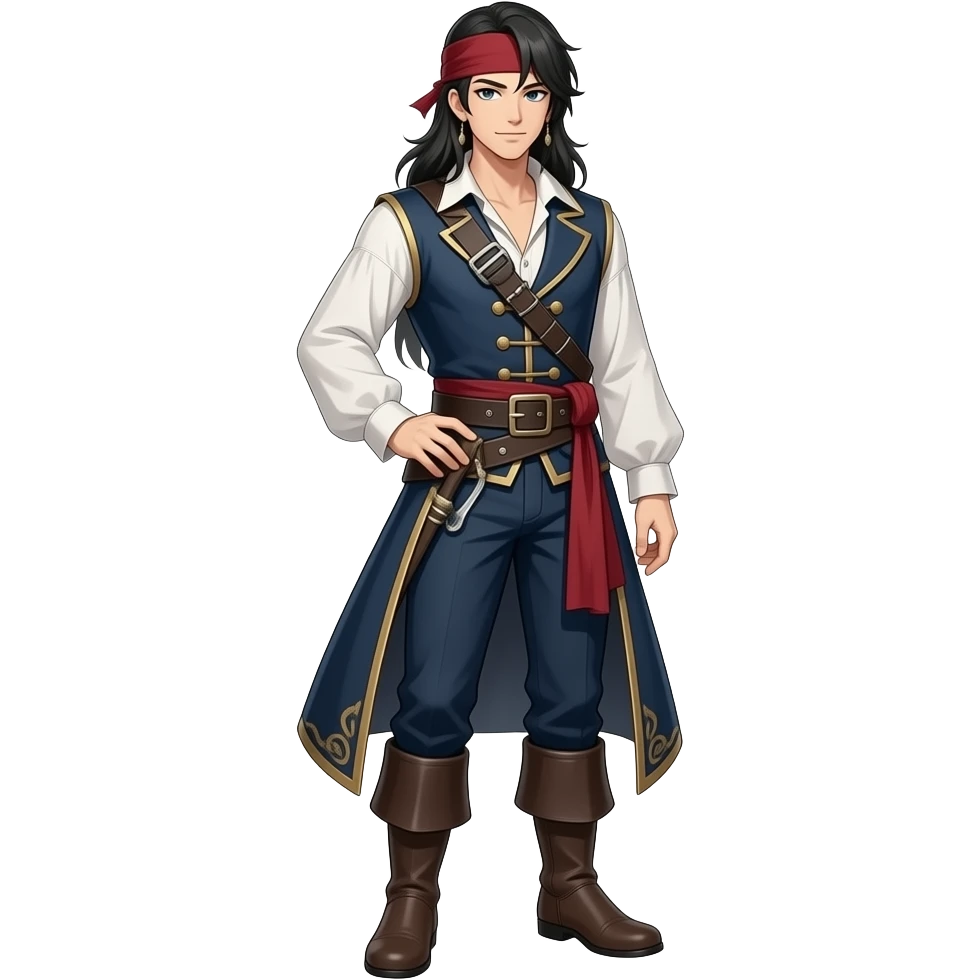 Anime male pirate  dark pirate cost pirate dark blue pants and brown boots long black hair very tall full body emoji