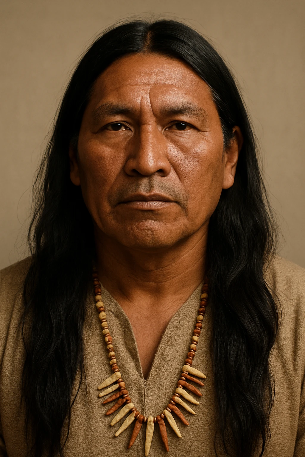 Native Indigenous man with long black hair and brown skin, respectful and dignified expression, traditional features, neutral background emoji