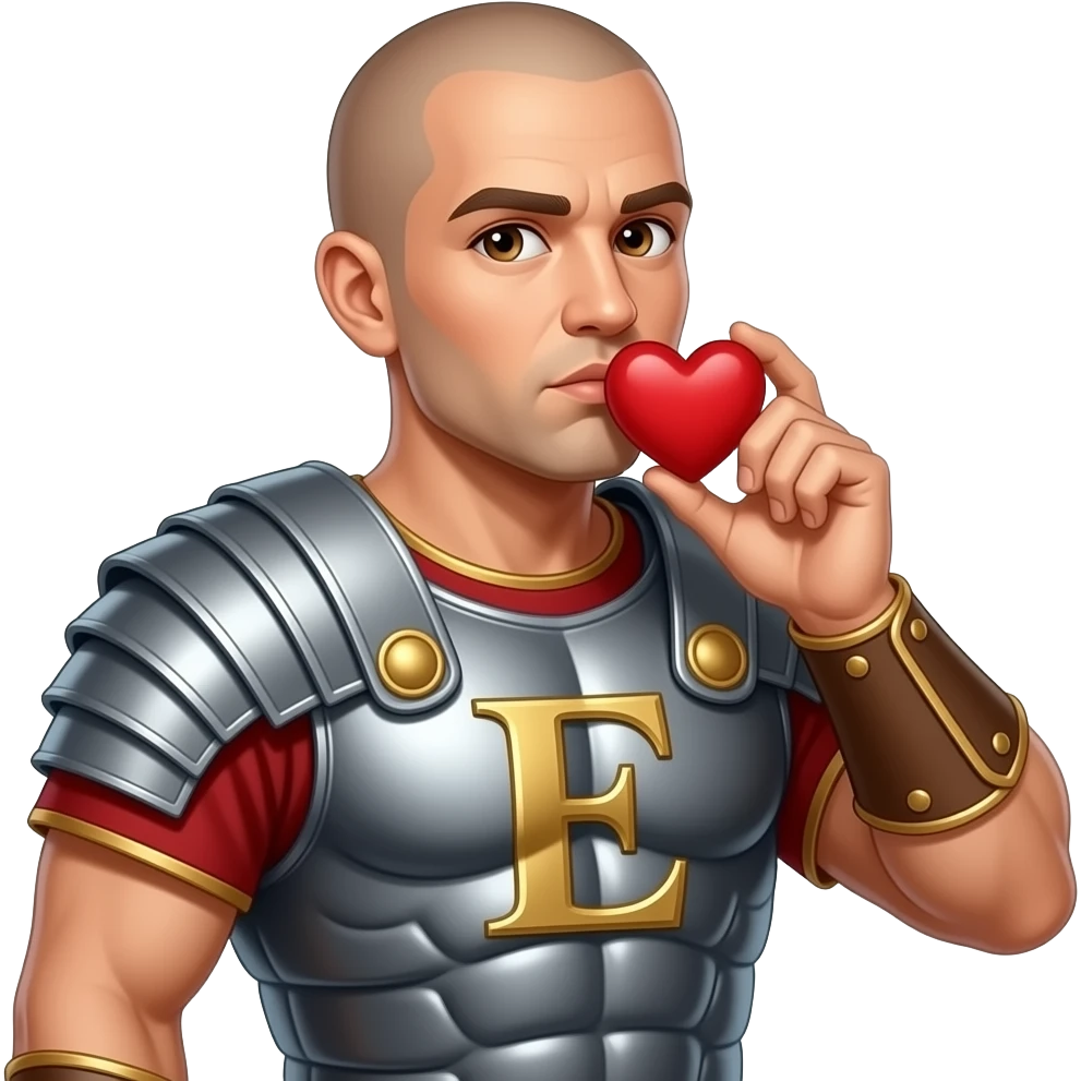 Muscular Roman soldier bald brown eyes kissing face letter E on breast plate blowing a heart with hand kiss emoji