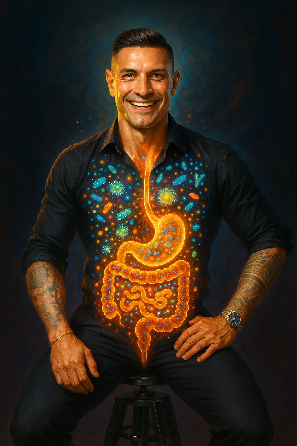 Radiant man with transparent digestive system showing diverse, thriving gut bacteria colonies in perfect balance, beneficial microorganisms glowing like constellation patterns throughout intestines, expression of optimal health and vitality, digestive tract functioning as harmonious ecosystem, immune system strengthened by microbial diversity, energy levels at peak performance emoji