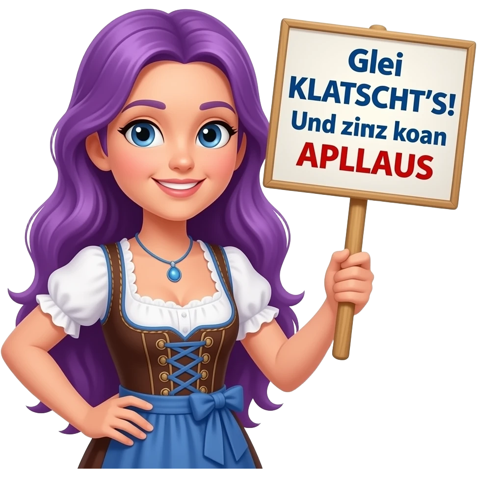 girl with long purple hair wearing a dirndl holding a Glei KLATSCHT'S! Und zwar koan APLLAUS sign emoji