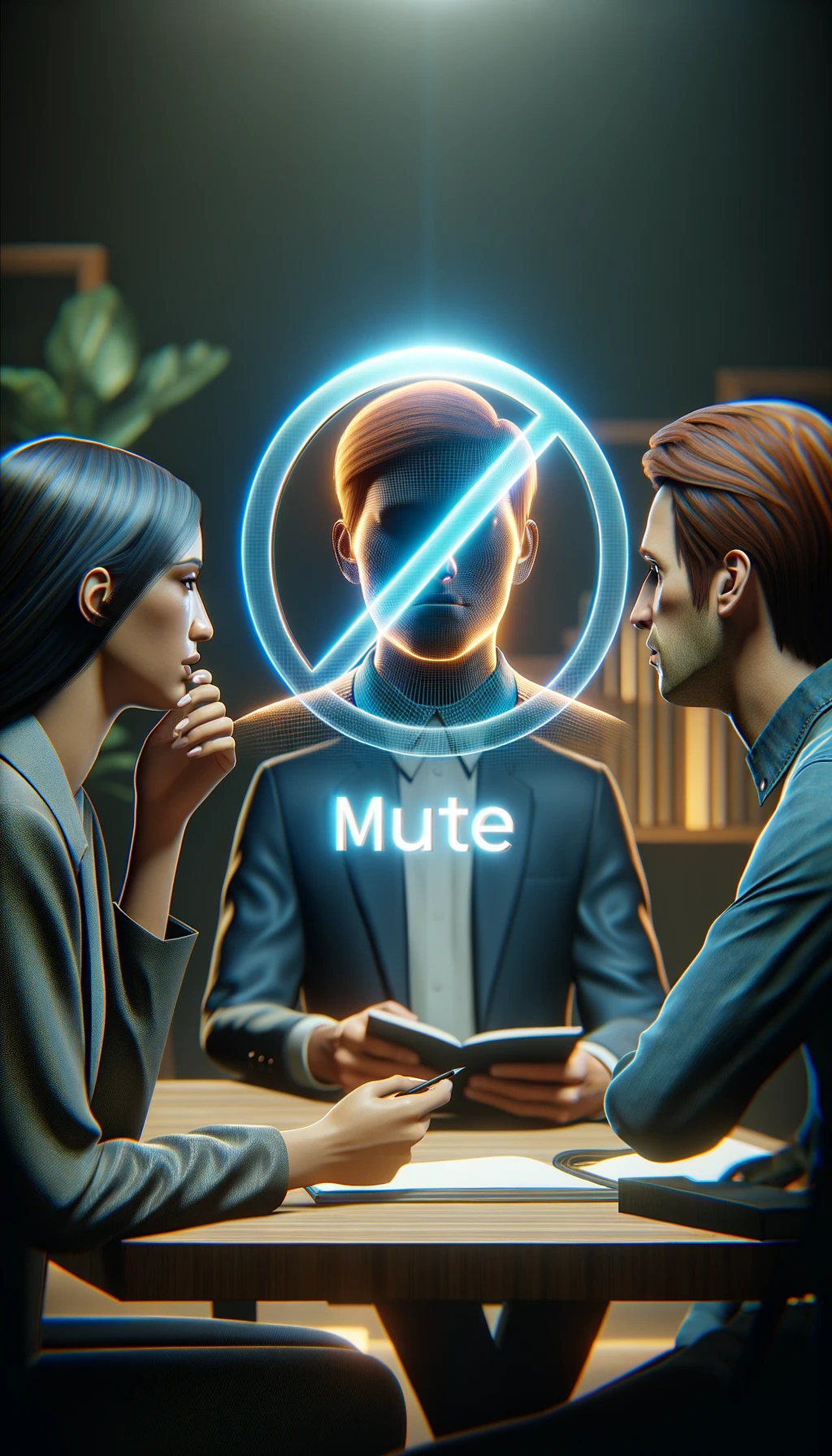 una persona parla ma sopra di lui c'è il simbolo "muto", un altra persona lo ascolta, immagine iperrealistica 4k emoji