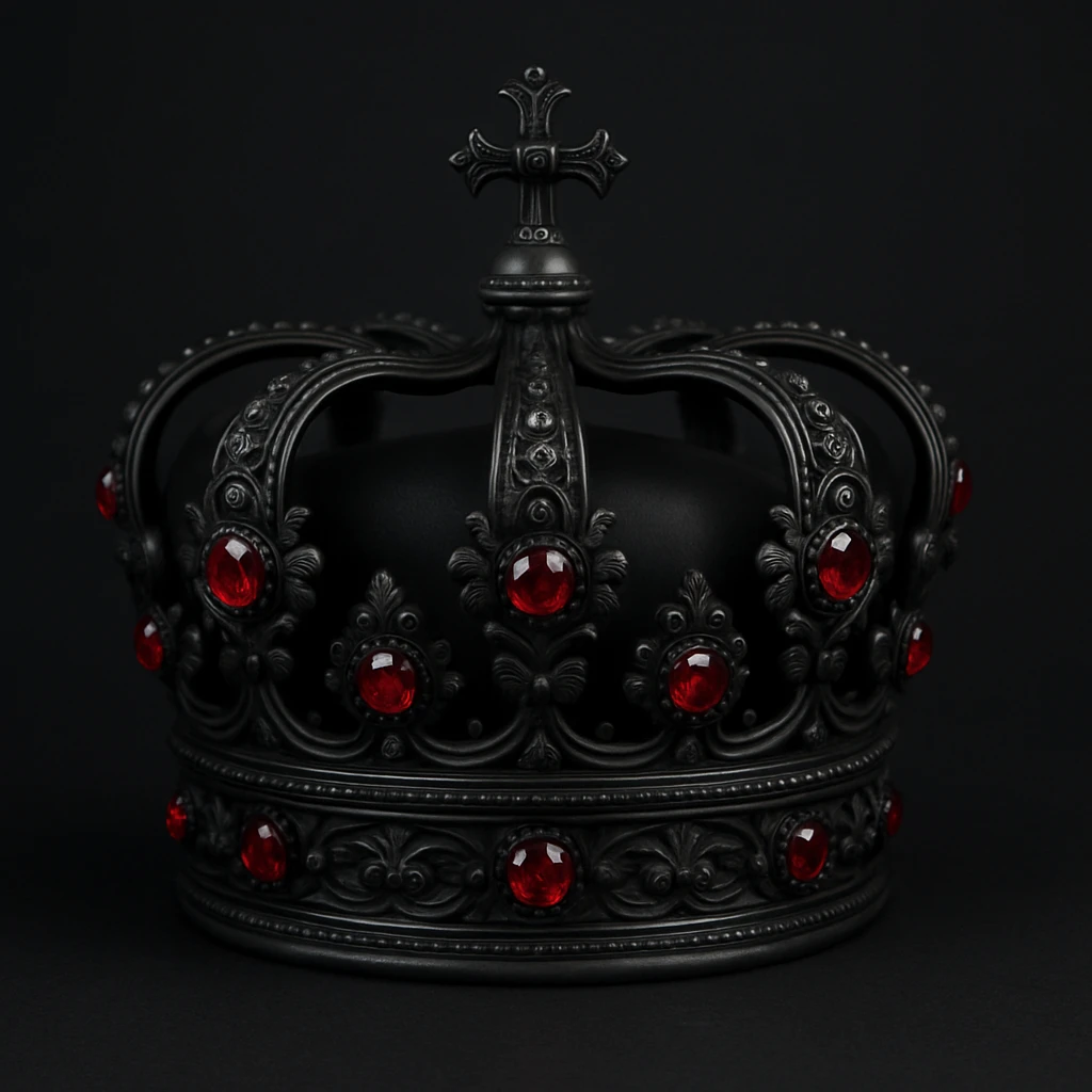 a matte black royal crown with sparkling red rubies, ornate details emoji
