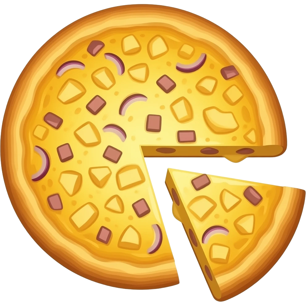 Emoji de tortilla de patata en la que se vean los trozos de patata, cebolla, que tenga una consistencia uniforme sin huecos y que se vea toda la tortilla y luego una porción separada del cuerpo de la tortlla emoji