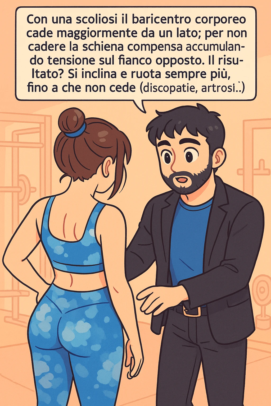 fai questa immagine in versione manga/webtoon a colori con stile di disegno carino e moderno, il manga mostra la donna di spalle, mentre l'uomo le tocca la spina dorsale per spiegarle come funziona la scoliosi:
Con una scoliosi il baricentro corporeo cade maggiormente da un lato; per non cadere la schiena compensa accumulando tensione sul fianco opposto.
Il risultato? Si inclina e ruota sempre più, fino a che non cede (discopatie, artrosi, ecc) emoji
