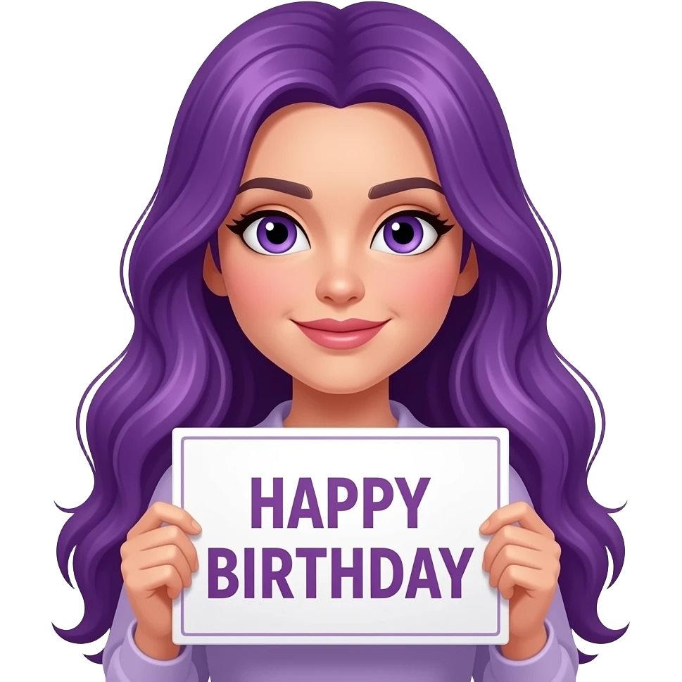 sexy girl with long purple hair and purple eyes holding a HAPPY BIRTHDAY sign emoji