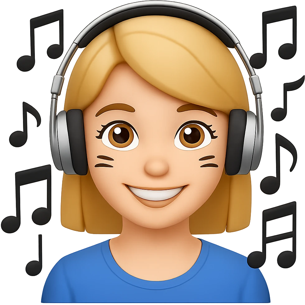 Add headphones to the smiling face with audiobook and music notes emoji, keeping the background transparent. The headphones should be prominent and harmonize with the emoji's existing features. emoji