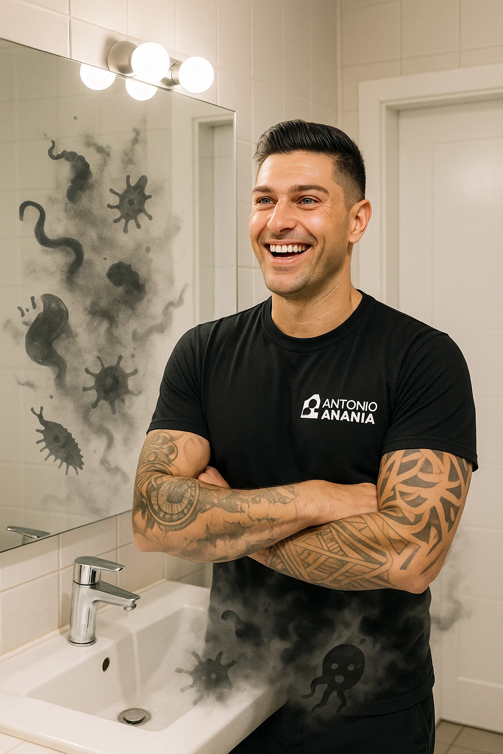 a man stands in a brightly lit bathroom, looking relieved and revitalized as he examines his reflection in the mirror. In the foreground, stylized, shadowy images of parasites (such as worms or protozoa) are shown leaving his body, dissolving into mist or fading away. His posture is upright and his expression is one of newfound energy and health. emoji