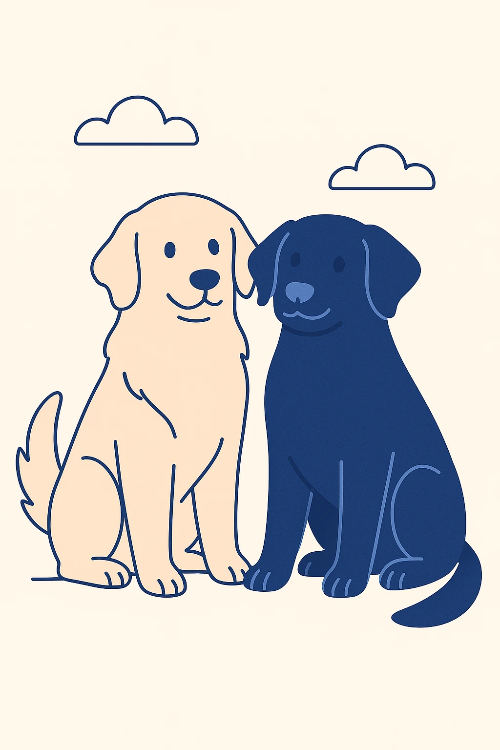 two animated dogs together, a golden retriever and a black labrador, simple and modern style emoji